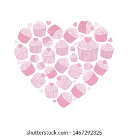 Line art pink vector hand drawn set of cupcakes cartoon doodle objects, symbols and items. heart shape composition