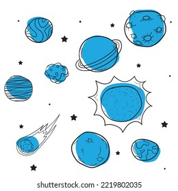 Line art of planet, sun, and asteroid in cartoon for education template design