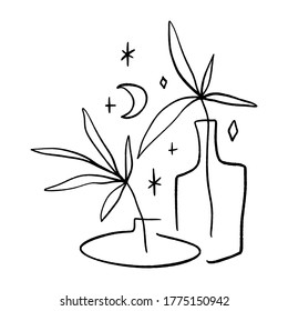 Line art plant in pot. Contour drawing of vector set of black and white house plants sketches. Isolated potted florals illustration.