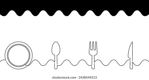 line art of plate, spoon, fork and knife icons. vector isolated on white background. free copy space design for restaurants or eateries.