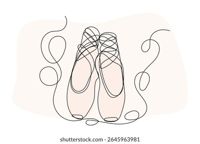 Line Art Pointe Shoe. One Continuous Outline Drawing. Editable Dancing Silk Abstract Footwear  Stroke Curve Contour. Classic Dance Elegant Vintage Accessories Symbol. Professional Ballet Artist Sign
