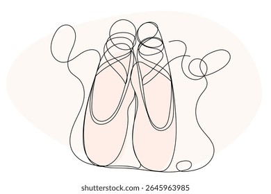 Line Art Pointe Shoe. One Continuous Outline Drawing. Editable Dancing Silk Abstract Footwear  Stroke Curve Contour. Classic Dance Elegant Vintage Accessories Symbol. Professional Ballet Artist Sign