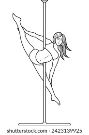 Line art pole dancer. Black and white illustration of woman doing a pole dance move . Coloring page of pole sport athlete.