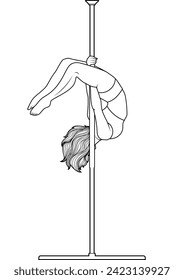 Line art pole dancer. Black and white illustration of woman doing a pole dance move . Coloring page of pole sport athlete.