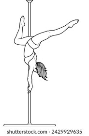 Line art pole dancer. Black and white illustration of woman doing a pole dance move . Coloring page of pole sport athlete.