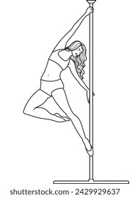 Line art pole dancer. Black and white illustration of woman doing a pole dance move . Coloring page of pole sport athlete.