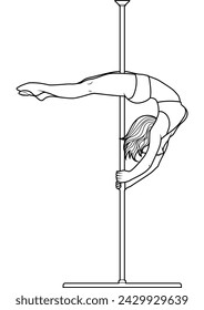 Line art pole dancer. Black and white illustration of woman doing a pole dance move . Coloring page of pole sport athlete.