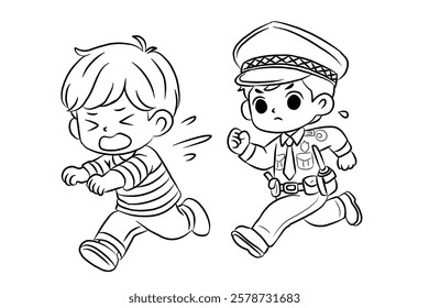 Line art police cartoon for kids. Vector illustration. Coloring book