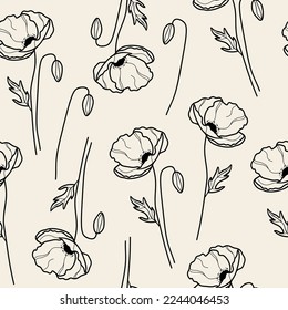 Line art poppy flower seamless pattern