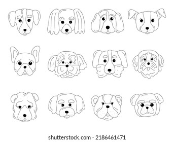 Line art popular dog breeds faces. Canine breeds cute muzzle in doodle style set. Ink hand drawn heads funny puppies. Pets portrait contour simple kids style vector illustration for card print tattoo