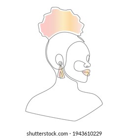 Line art portrait of African American woman with afro hairstyle. Continuous one line drawing woman face with abstract gradient shape in modern style for logo, banner, print, tattoo, poster. Vector