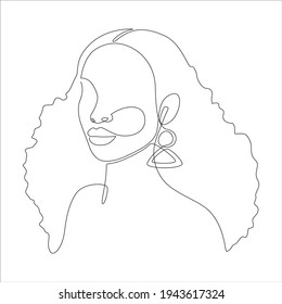 Line art portrait of African American woman with frizzy afro hairstyle. Continuous one line drawing woman face for logo, banner, print, tattoo, barbershop emblems. Vector illustration
