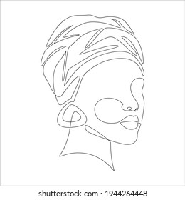 Line art portrait of African American woman in turban. Continuous one line drawing woman face with hairdress for logo, banner, print, tattoo, poster. Vector illustration