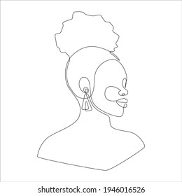 Line art portrait of African American woman with modern afro hairstyle. Continuous one line drawing woman face for logo, banner, print, tattoo, barbershop emblems. Vector illustration.