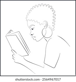 Line Art Portrait of African American Woman with Hoop Earrings Reading a Book