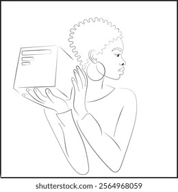 Line Art Portrait of African Woman with Hoop Earrings Carrying a Package