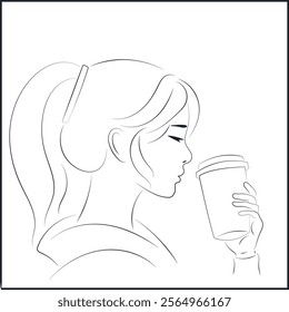 Line Art Portrait of Asian Woman with Long Hair Enjoying Coffee with Closed Eyes