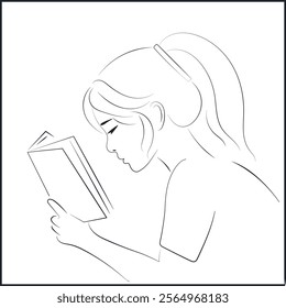 Line Art Portrait of Asian Woman Reading a Book