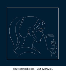 Line Art Portrait of Asian Woman with Long Hair Enjoying Coffee with Closed Eyes