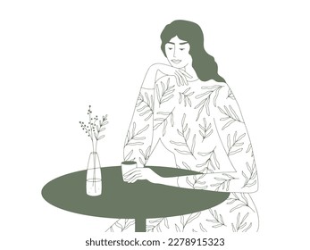 Line art portrait of beautiful woman drinking coffee or tea. Vector minimalist female silhouette. Cafe table for one. Dreamy girl sitting in coffee house. Time for yourself. Linear style illustration