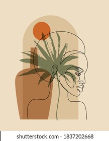 Line art portrait. Black woman face mask, geometric, natural shapes, minimal fashion concept Abstract tropical palm leaf, vase, sun in pastel colors. One line continuous drawing. Vector illustration