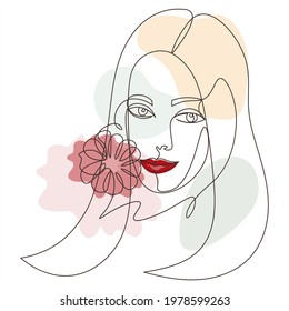 Line art portrait of a cute girl with a bright red flower. Minimalistic abstract portrait of pensive woman one line art on white background. Continuous line. Vector illustration.