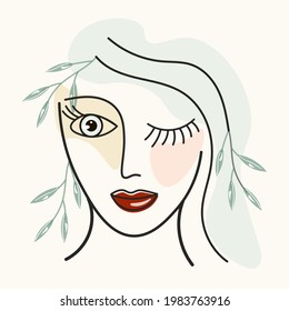 Line art portrait of a girl. Bright lips, expressive eyes, kind look. Abstract portrait of a cute woman in gentle colors. Illustration for decoration, prints on clothes, interior design. Vector trends