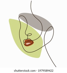 Line art portrait of a girl with an emphasis on bright lips. Minimalistic abstract portrait of one line art woman on white background. Continuous line. Vector illustration.