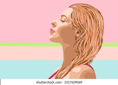 Line art portrait illustration of a young beautiful woman in dreaming romantic mood, female profile with eyes closed enjoying vacation rest, long blond hair, pink lips. Fashion beauty stylish image