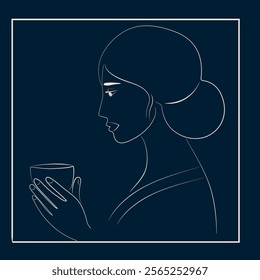 Line Art Portrait of Native American Woman Enjoying Coffee in a Takeaway Cup
