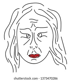 A line art portrait of a sad old woman with wrinkles all over her face eyeballs in different positions and her big lips painted in red vector color drawing or illustration 