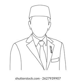 Line Art Retrato com Songkok, Potencialmente Relacionado com a Presidência indonésia, Ilustração em Contorno: Figura Formal com Headwear Tradicional, Possivelmente um Líder indonésio