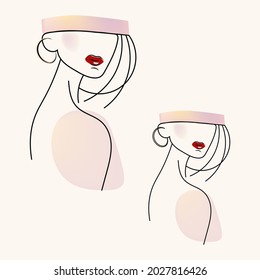 Line art portrait of a stylish woman. Fashionable abstract minimalistic girl face. Focus on lips, eyes closed. Creative author's illustration of fashion for textiles, posters, postcards.