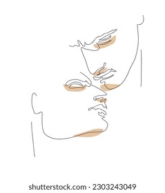 Line Art Portrait of Two Men in Love, made of Black Line and Brown Stains on a White Background. Vector Illustration of Men. Continuous Line Minimalist Portrait. Gay Couple. Modern Romantic Art Print.