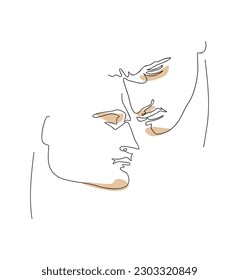 Line Art Portrait of Two Men in Love, made of Black Line and Brown Stains on a White Background. Vector Illustration of Men. Continuous Line Minimalist Portrait. Gay Couple. Modern Romantic Art Print.