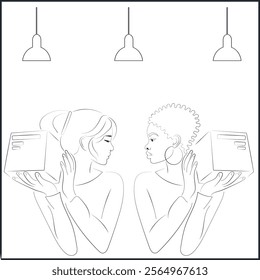 Line Art Portrait of Two Women Carrying Packages in Loft Style Cafe or Post Office