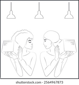 Line Art Portrait of Two Women Carrying Packages in Loft Style Cafe or Post Office