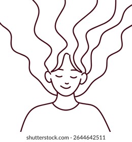 Line art portrait of woman with long wavy hair and peaceful smile, minimalist emotional expression with closed eyes