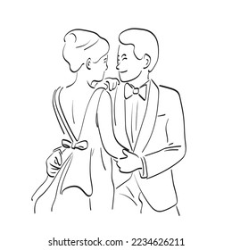 line art portrait of a young couple in wedding illustration vector hand drawn isolated on white background