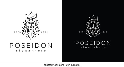 line art poseidon king with trident crown logo icon vector template