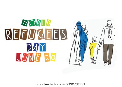 Line Art Plakatdesign von World Refugees Tag beobachtet am 20. Juni. Migranten fliehen auf der Suche nach einem Haus, Frieden, Freiheit und Menschenrechten. Weltmigrationstag im Dezember beobachtet. Vektorkunst.