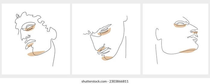 Line Art Poster with Men Face made of Black Line and Brown Stains isolated on a White Background. Vector Illustration of Man.Continuous Line Minimalist Portrait.Modern Art Print ideal for Poster,Card.