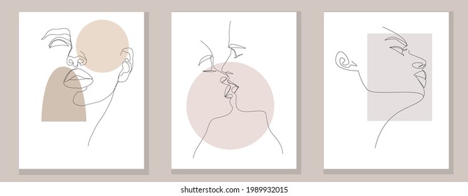 Line art poster set with kissing couple and women in abstract style. Modern geometric outline collection. Vector linear illustration for printing, sublimation, cards and any other visual purposes.