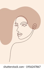 Line art poster with woman. Female face with hair, shoulder one line drawing. Contemporary hand drawn abstract line art illustration.