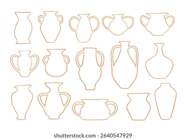 Line Art Pottery And Vase Element. A decorative collection of pottery and vase silhouettes in terracotta line art featuring ancient jars twin handled. Perfect for interior decor and ceramic themes