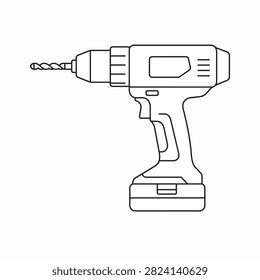 Line art of a power drill with drill bit and battery
