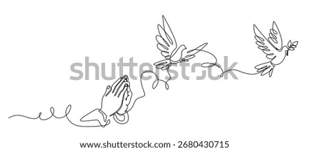 Line art of praying religious hands and flying doves. for peace and gratitude.	
