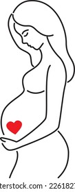 Line art of pregnant woman with heart. Vector illustration