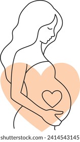 Line art with a pregnant woman and heart. Vector illustration	