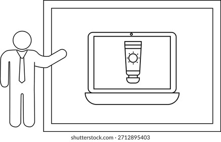 Line art of a presenter gesturing towards a laptop displaying a sunscreen tube
